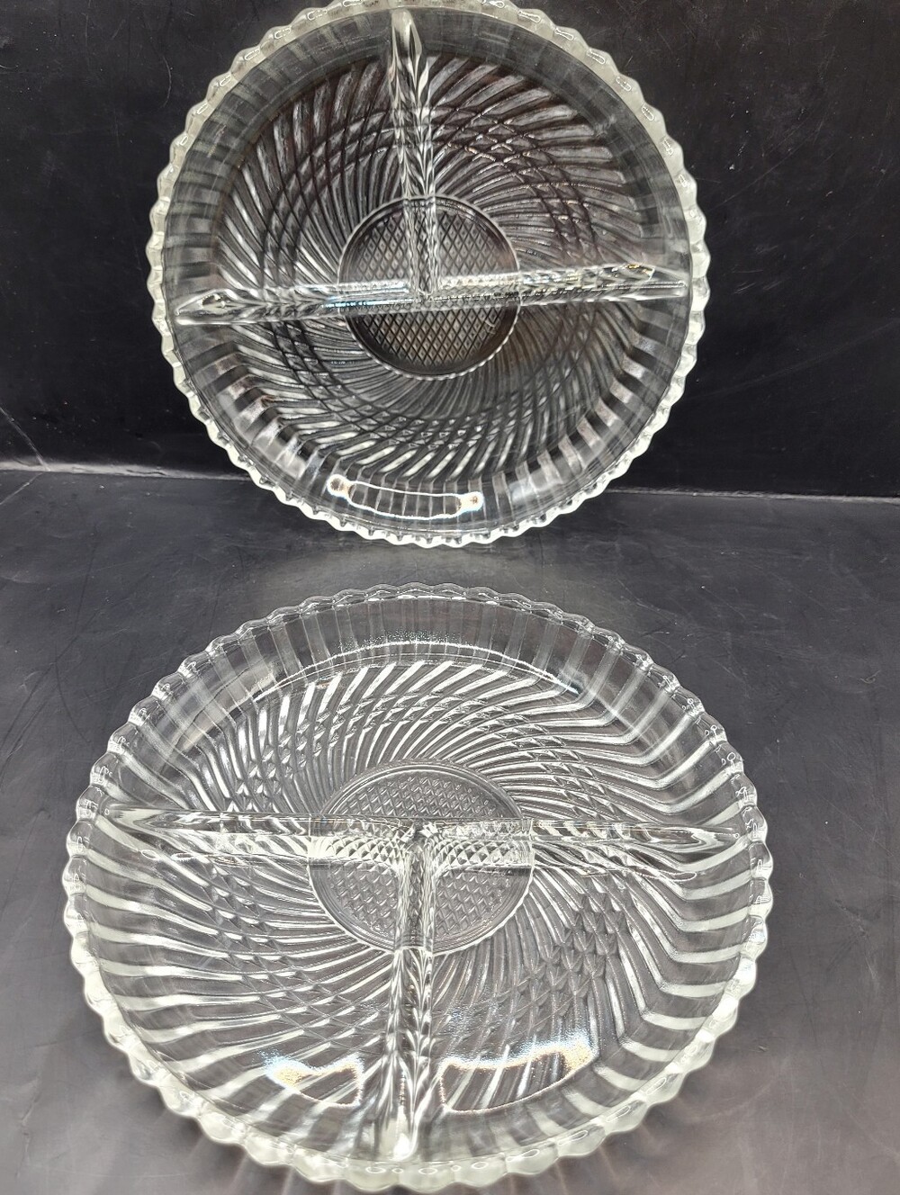 Vintage Set Of 2 Round Clear Glass Divided Pickle Dish Jewelry Organizers 7"